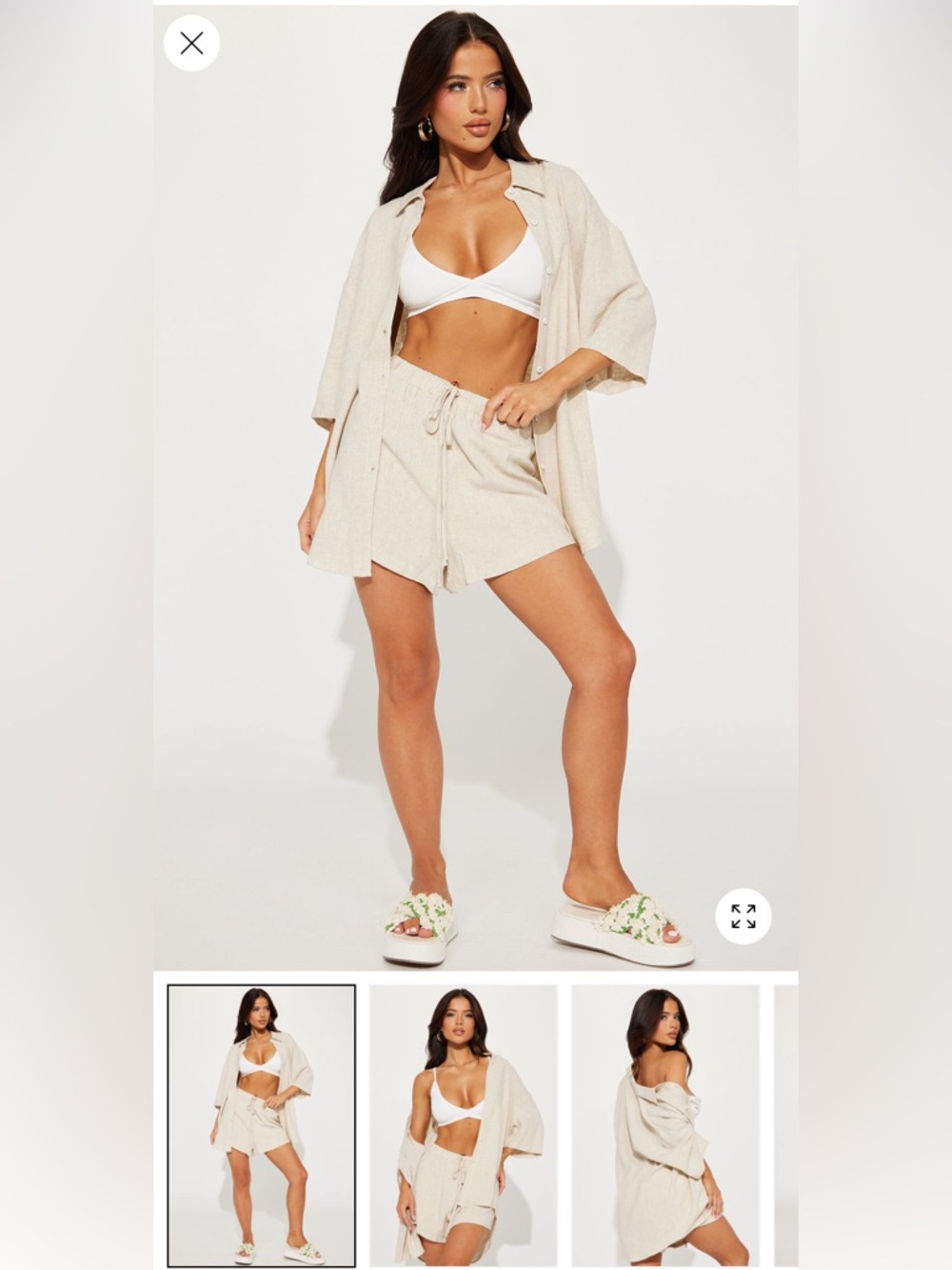 Neutral Linen-Look Drawstring Shorts Set with Matching Shirt